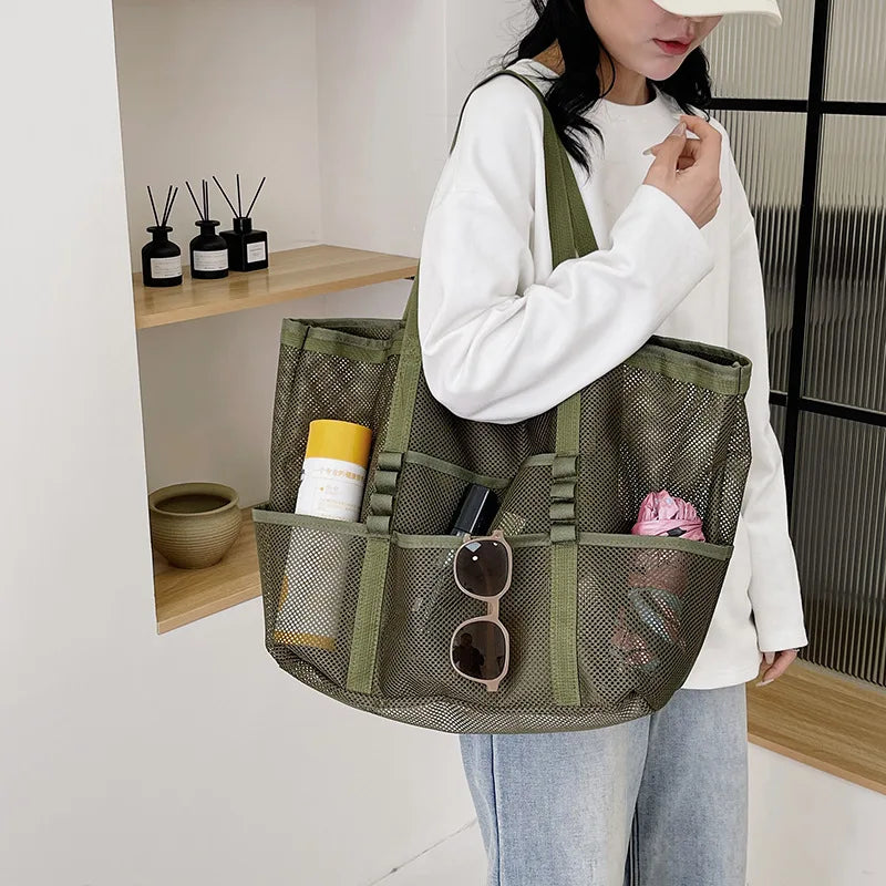 Sac de plage canvas grande capacité maille semi-transparente