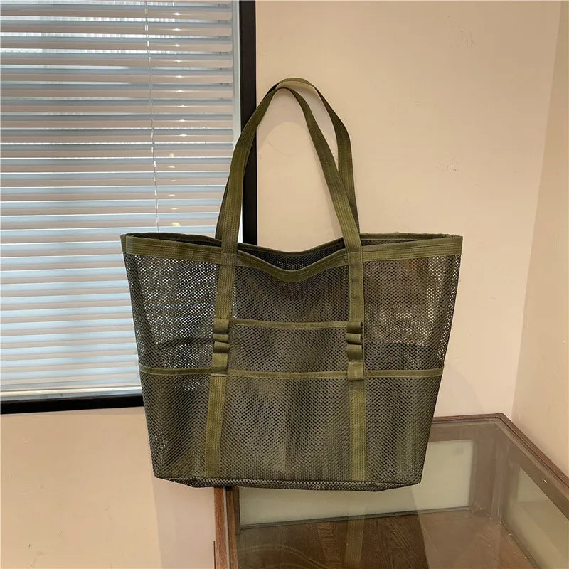 Sac de plage canvas grande capacité maille semi-transparente
