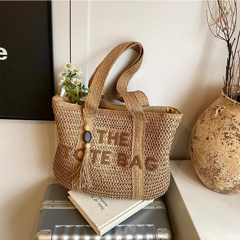 Sac de plage femme tressé paille grande capacité bandoulière