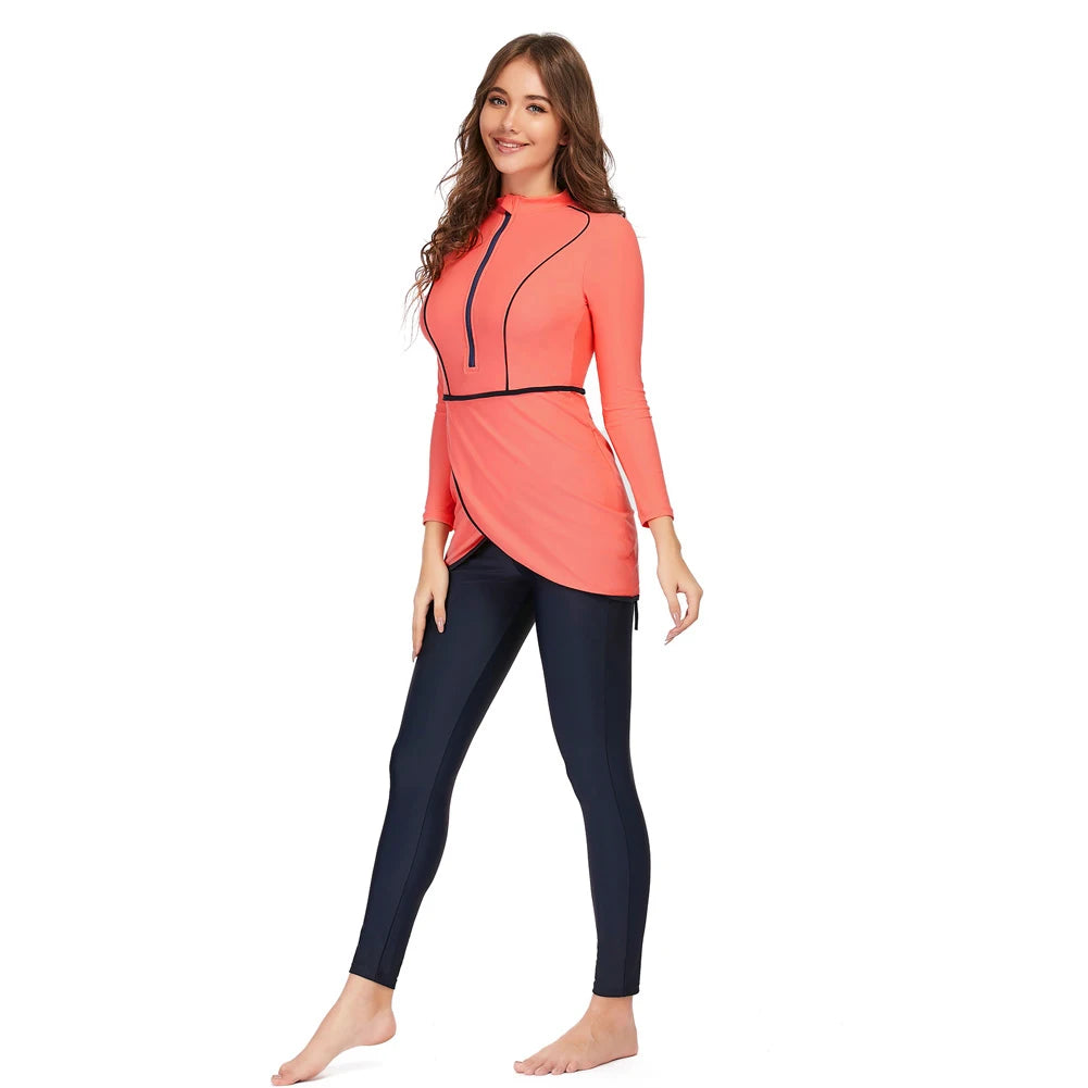 Burkini femme manches longues ensemble 3 pièces patchwork sport