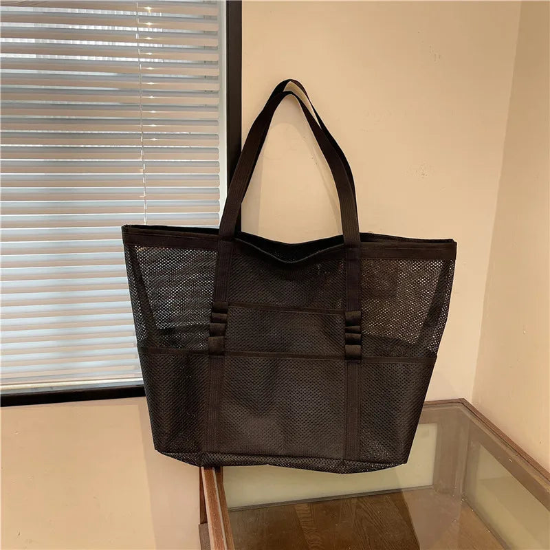 Sac de plage canvas grande capacité maille semi-transparente