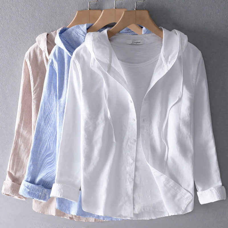 Blouse femme lin mélange ample capuche boutonnée