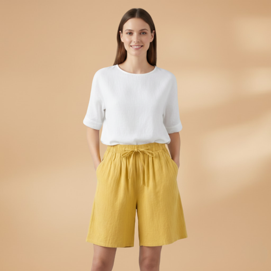 Short femme large taille froncée longueur genou vacances