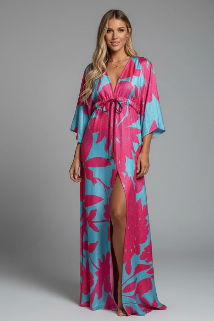Robe longue femme imprimée coupe ample cordon vacances