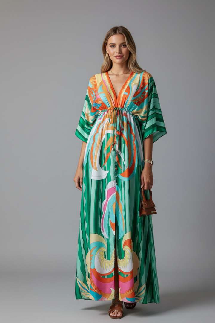 Robe longue femme imprimée coupe ample cordon vacances