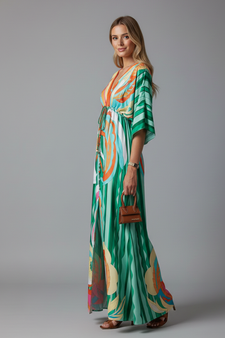 Robe longue femme imprimée coupe ample cordon vacances