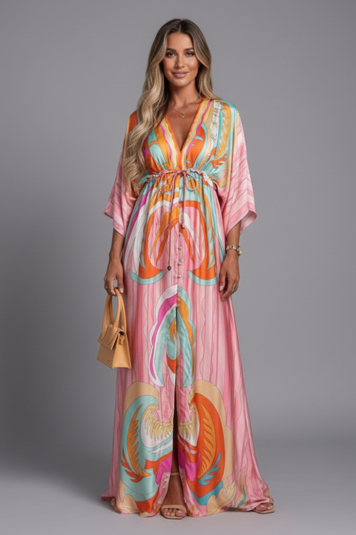 Robe longue femme imprimée coupe ample cordon vacances