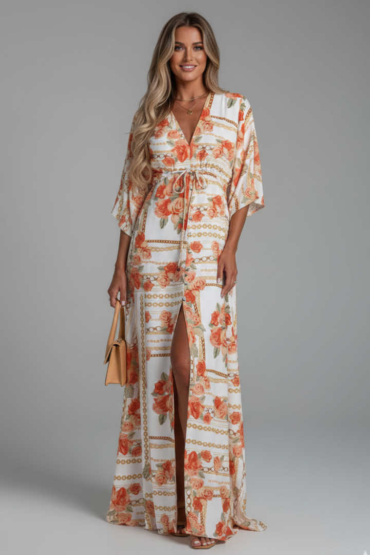 Robe longue femme imprimée coupe ample cordon vacances