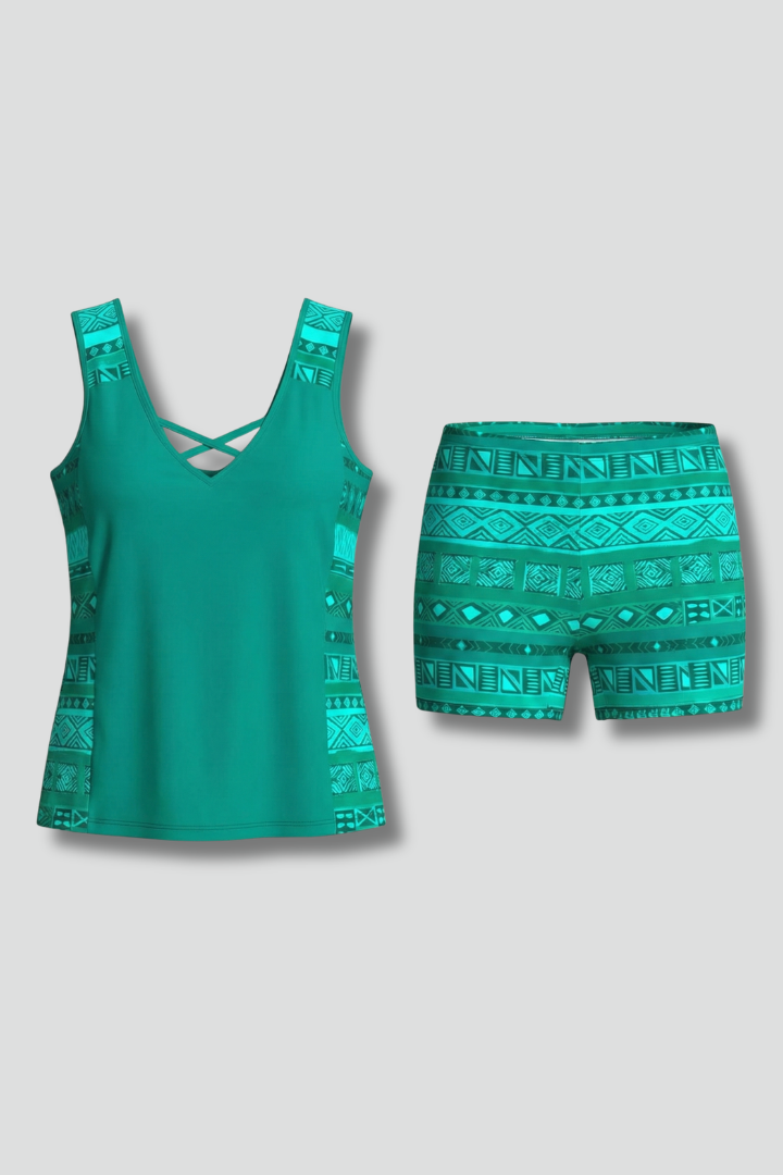 Tankini femme col V imprimé géométrique deux pièces