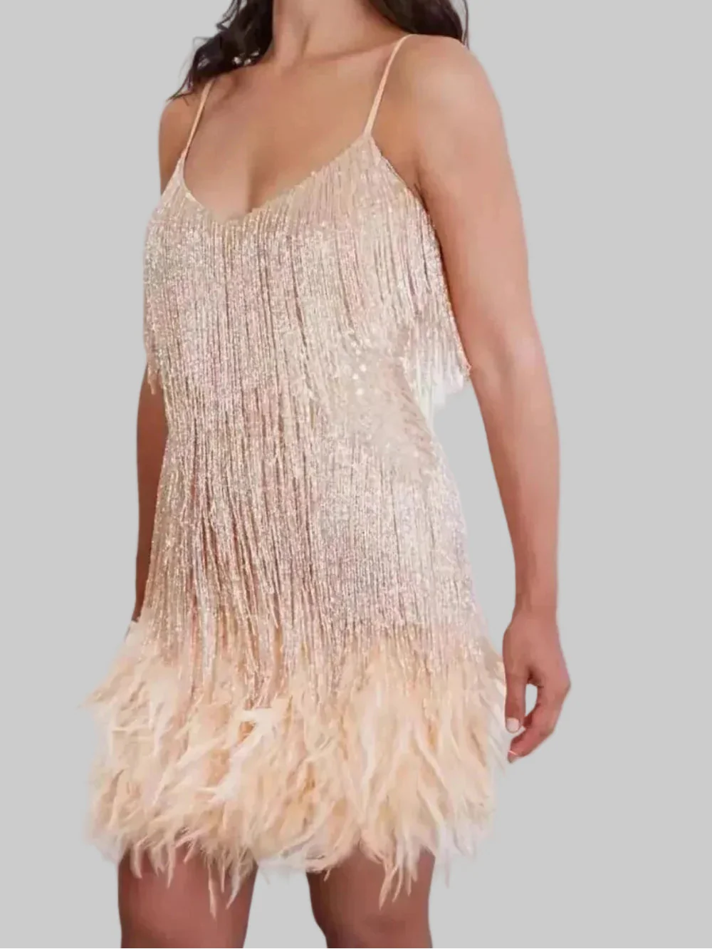 Robe Mini Femme Franges Bretelles Fines Plumes Soirée Festive