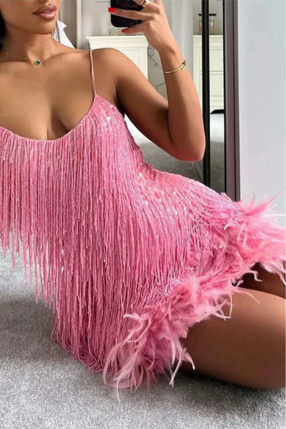 Robe Mini Femme Franges Bretelles Fines Plumes Soirée Festive