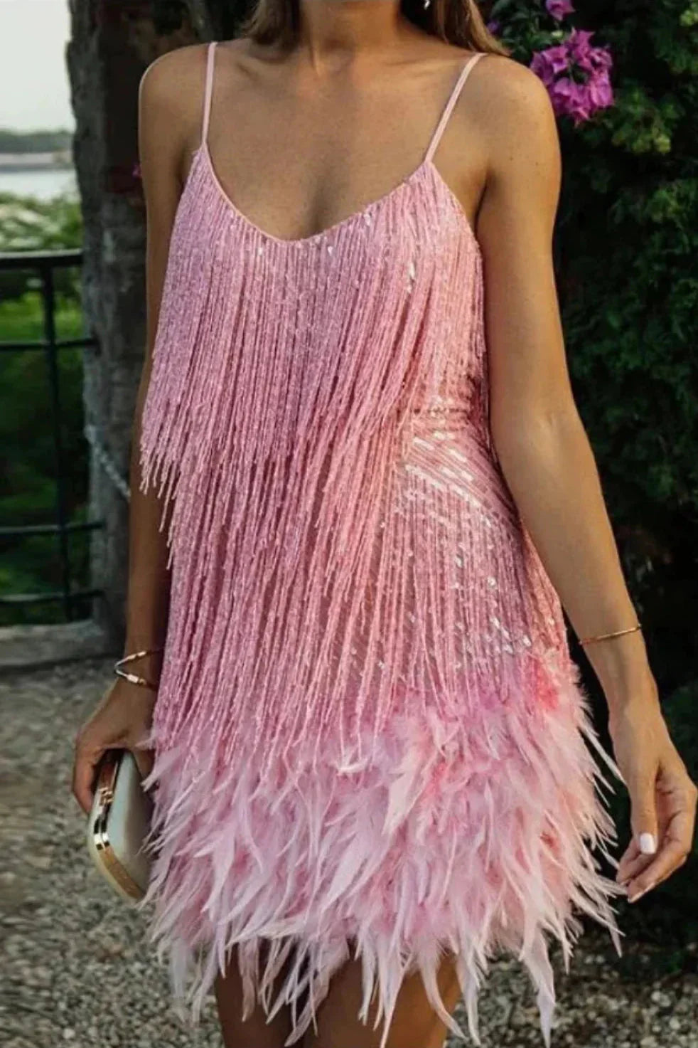 Robe Mini Femme Franges Bretelles Fines Plumes Soirée Festive