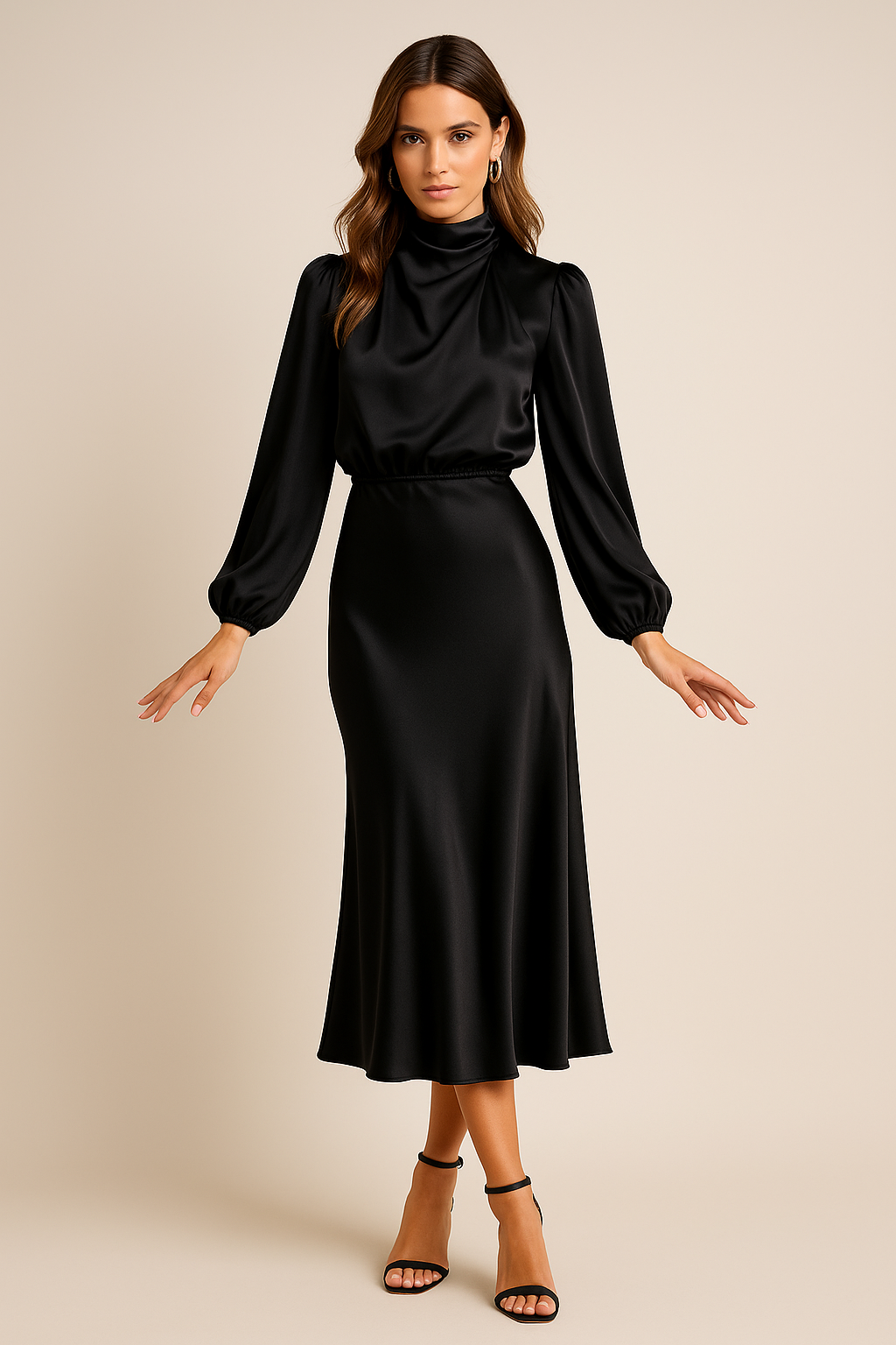 Robe midi femme col montant taille haute silhouette élégante