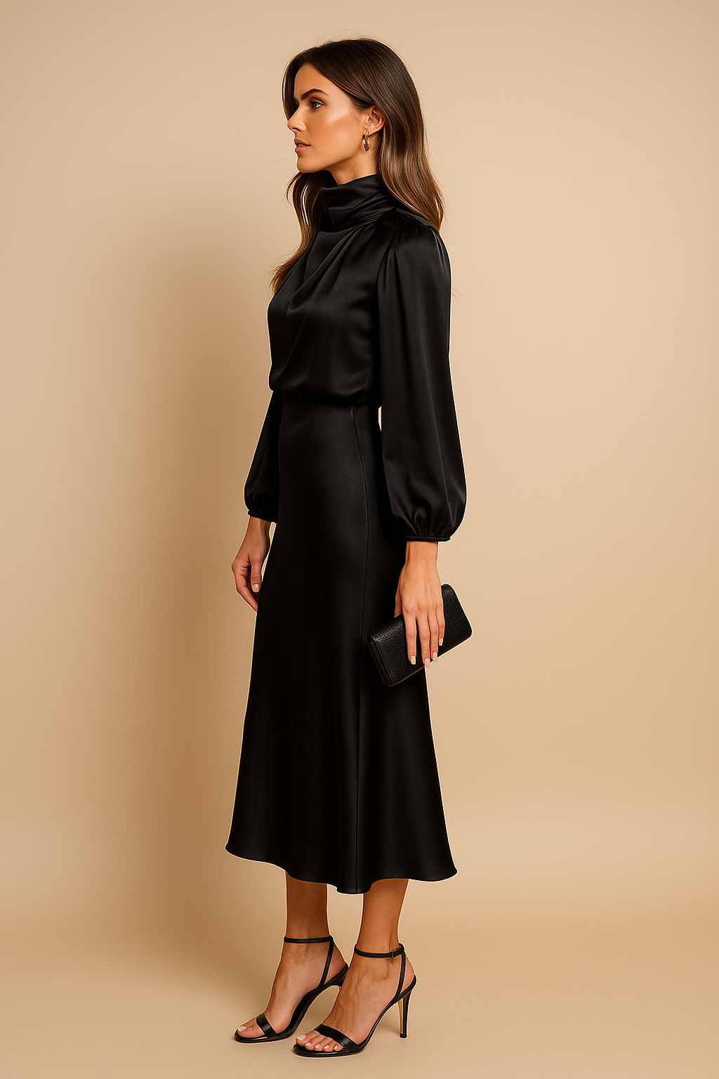 Robe midi femme col montant taille haute silhouette élégante