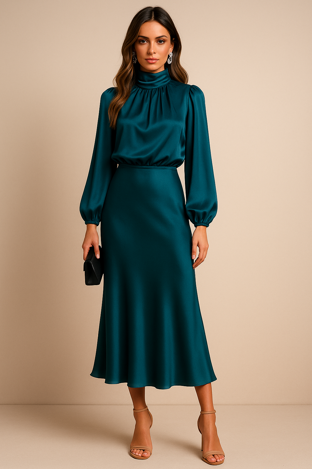 Robe midi femme col montant taille haute silhouette élégante