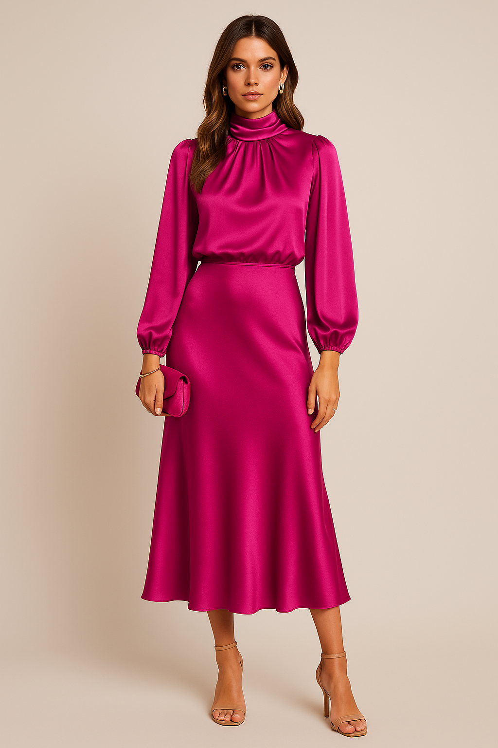 Robe midi femme col montant taille haute silhouette élégante