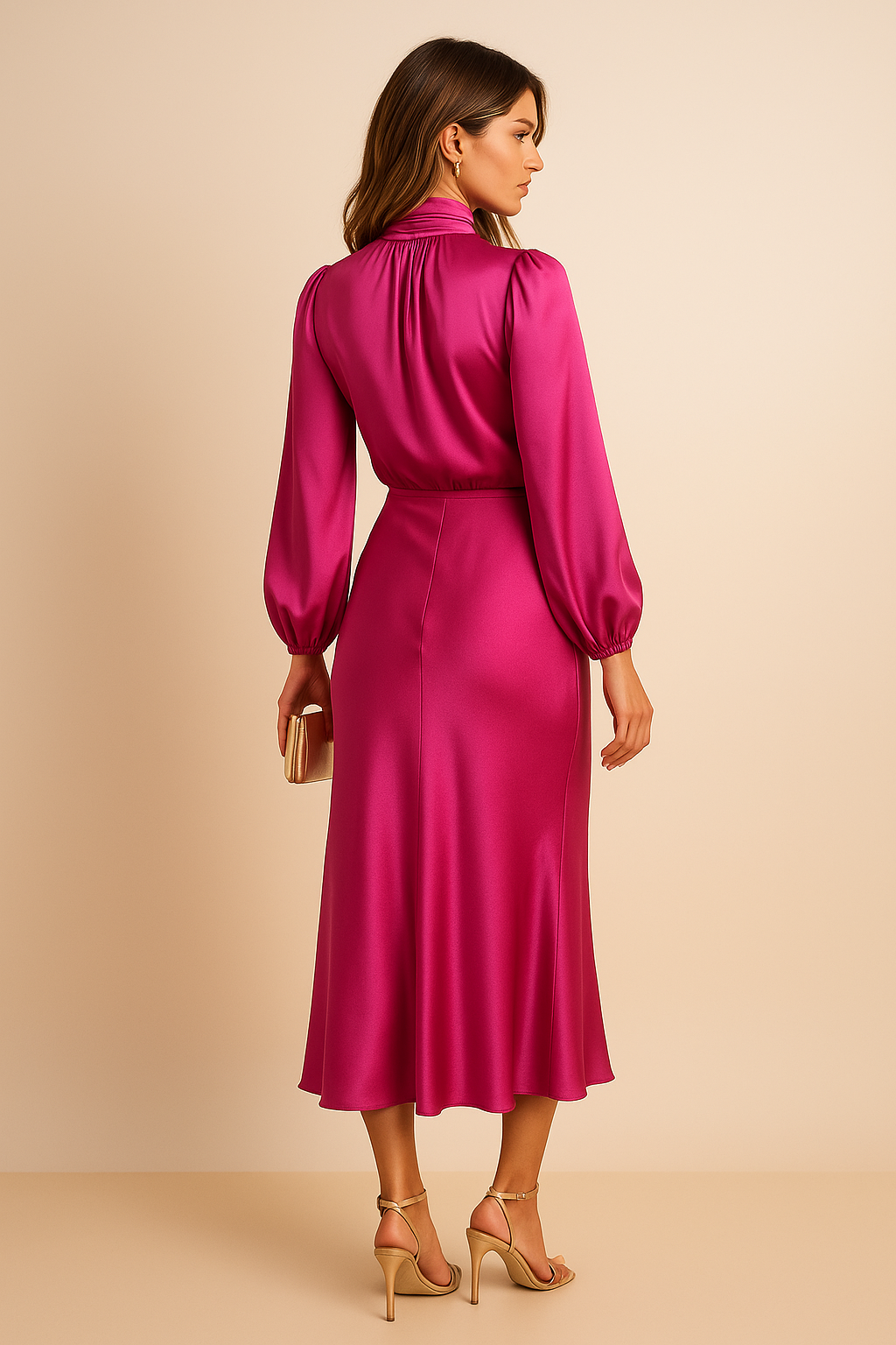 Robe midi femme col montant taille haute silhouette élégante