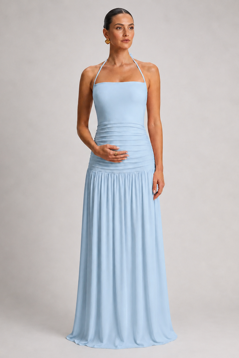 Robe Maxi Maternité Col Licou Sans Manches Jupe Plissée