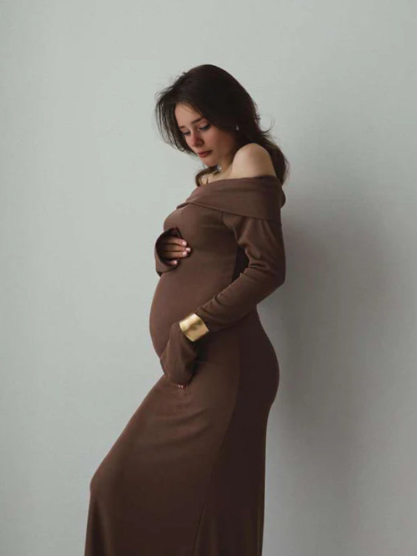 Robe Maxi Maternité Pull Sirène Épaules Dénudées Moulante
