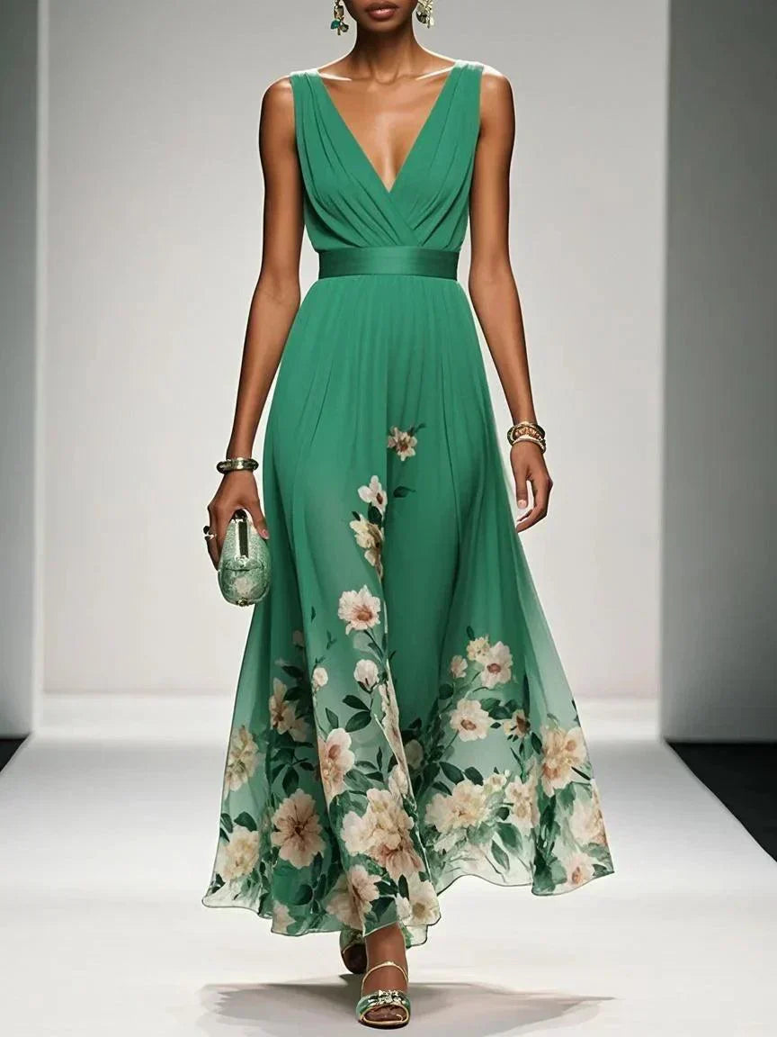 Robe Longue Femme Imprimée Fleurie Col V Cérémonie Mariage