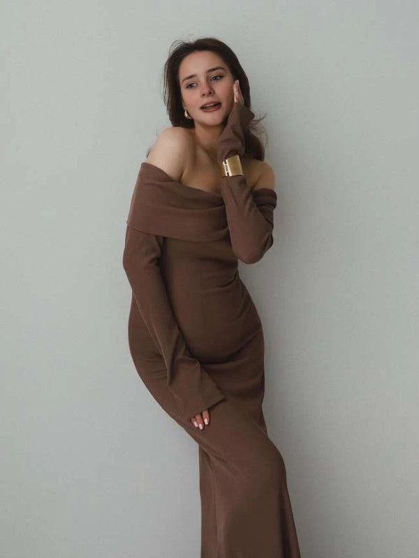 Robe Maxi Maternité Pull Sirène Épaules Dénudées Moulante