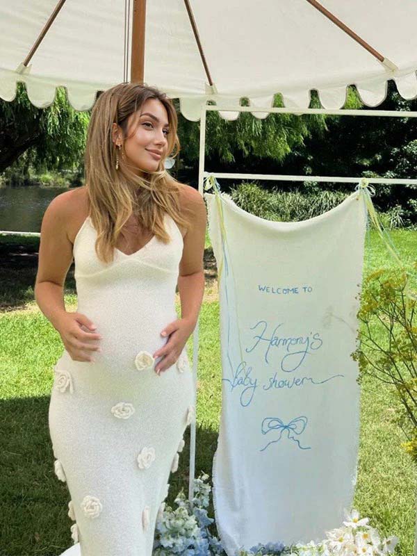Robe Maxi Maternité Sirène Crochet Fleurs 3D Col Licou