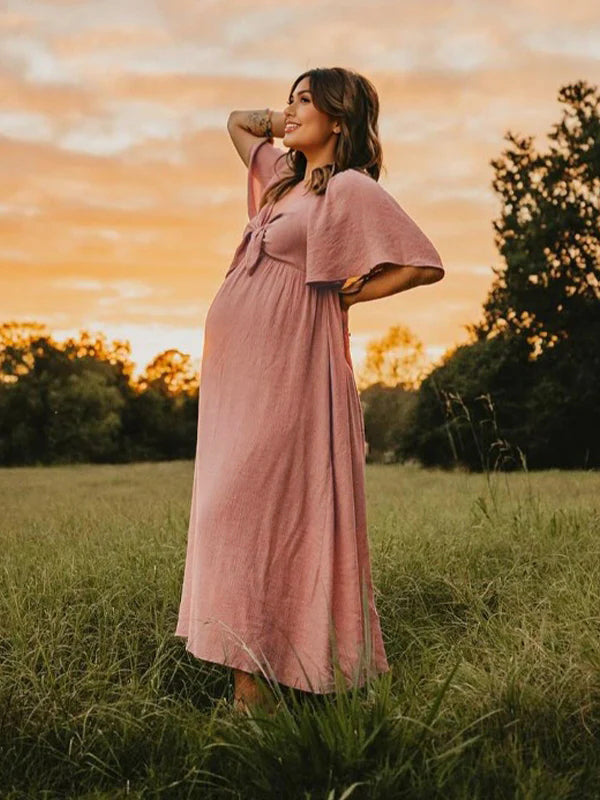 Robe Maxi Maternité Col V Manches Papillon Légère