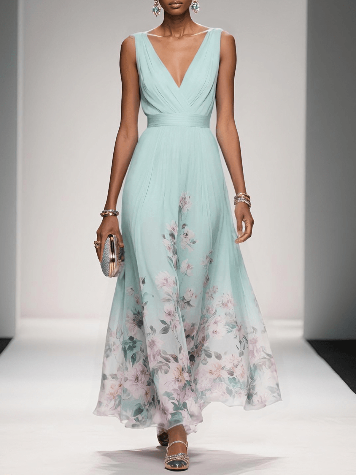 Robe Longue Femme Imprimée Fleurie Col V Cérémonie Mariage