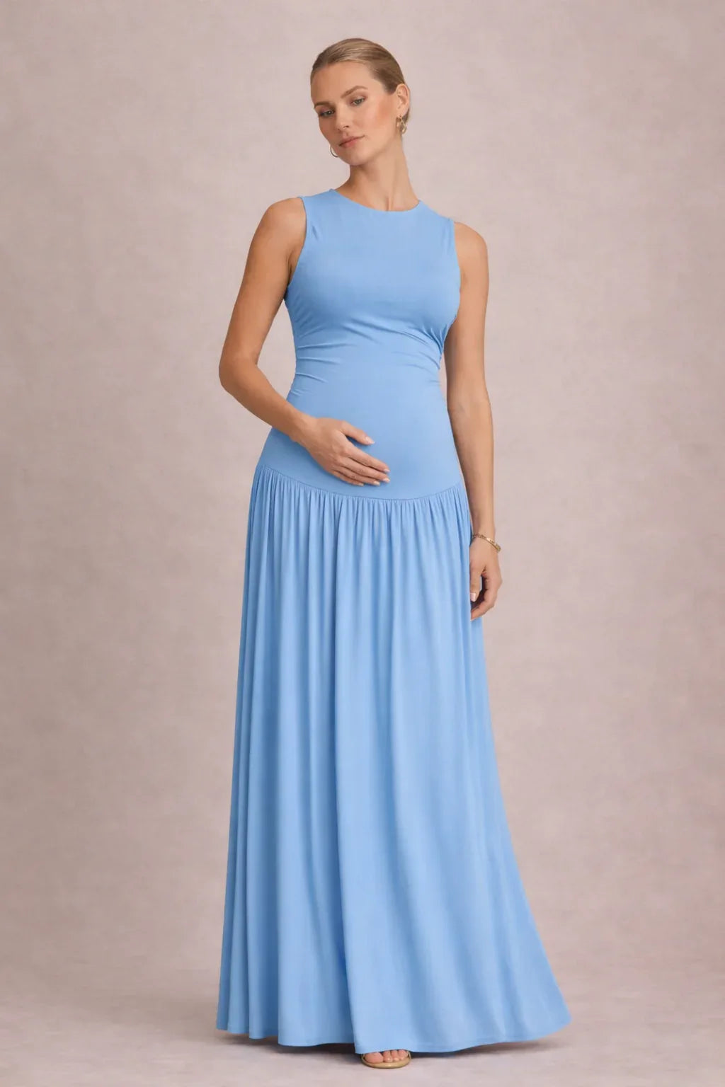 Robe Maxi Maternité Sans Manches Col Rond Plissée