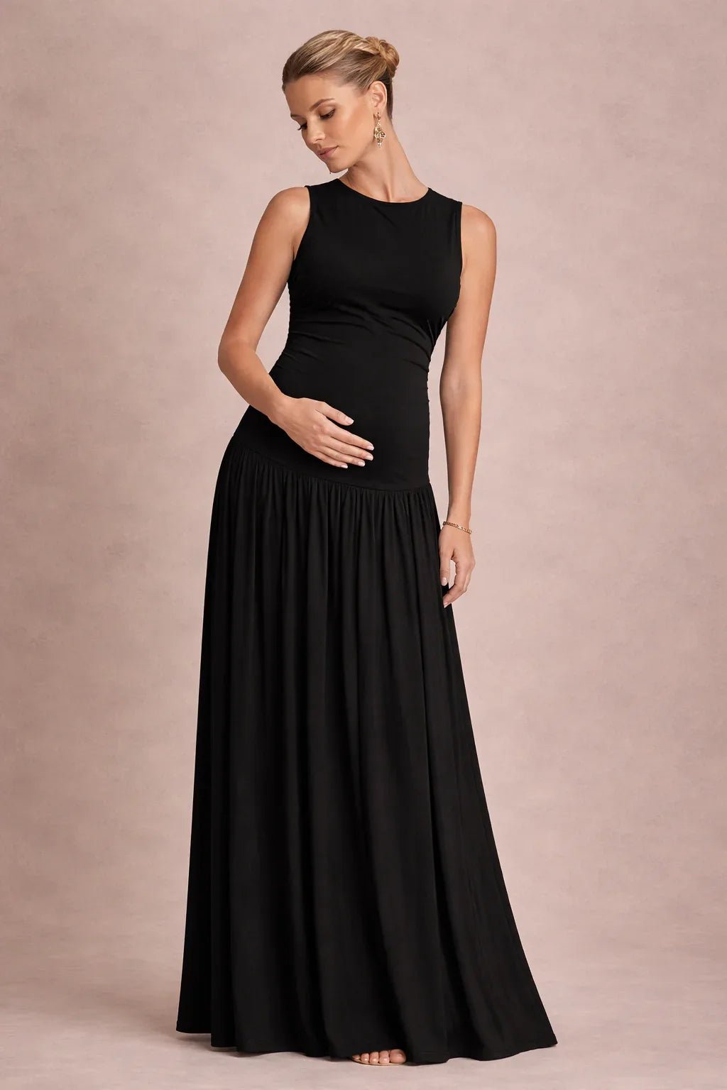 Robe Maxi Maternité Sans Manches Col Rond Plissée