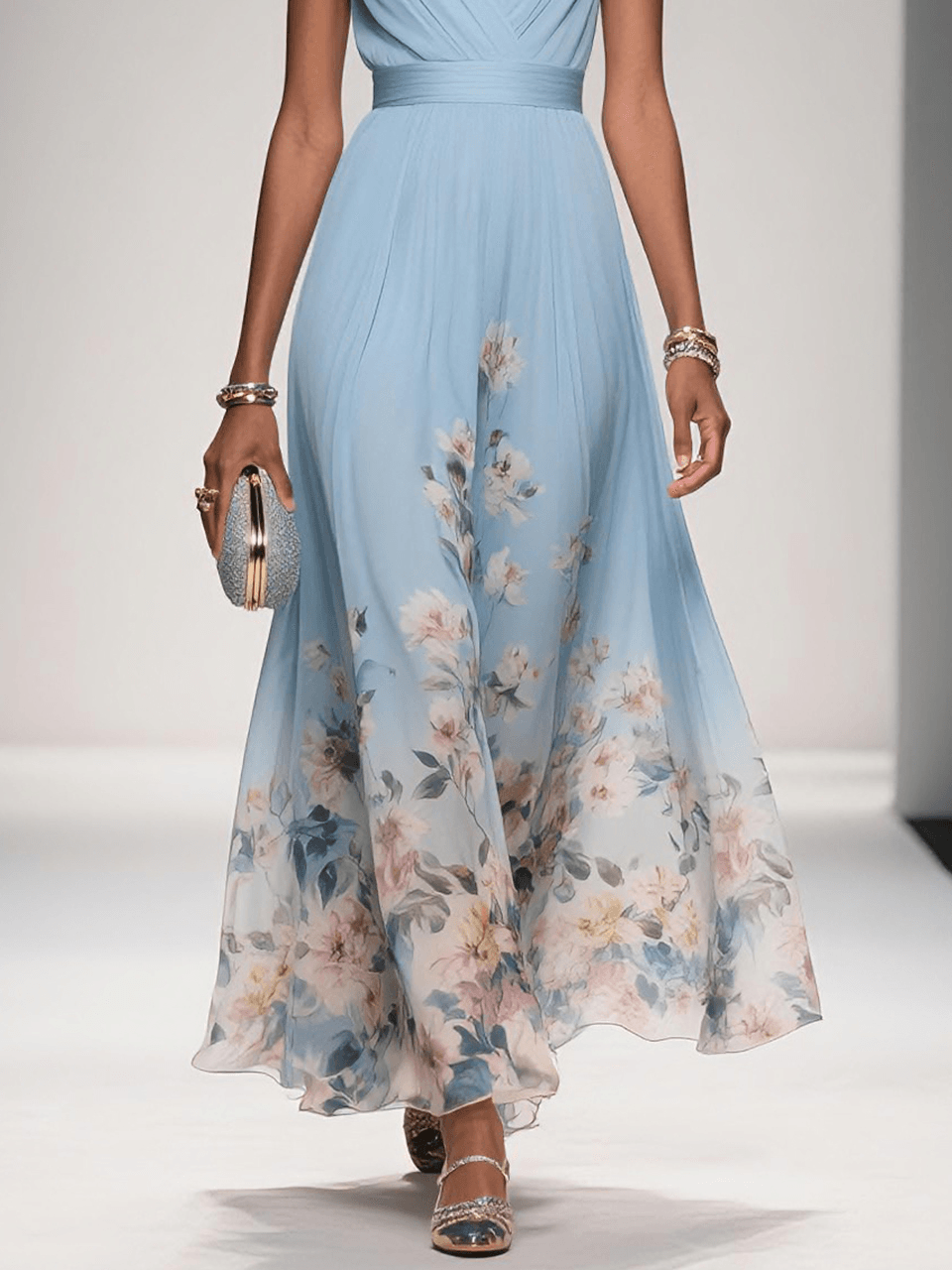 Robe Longue Femme Imprimée Fleurie Col V Cérémonie Mariage
