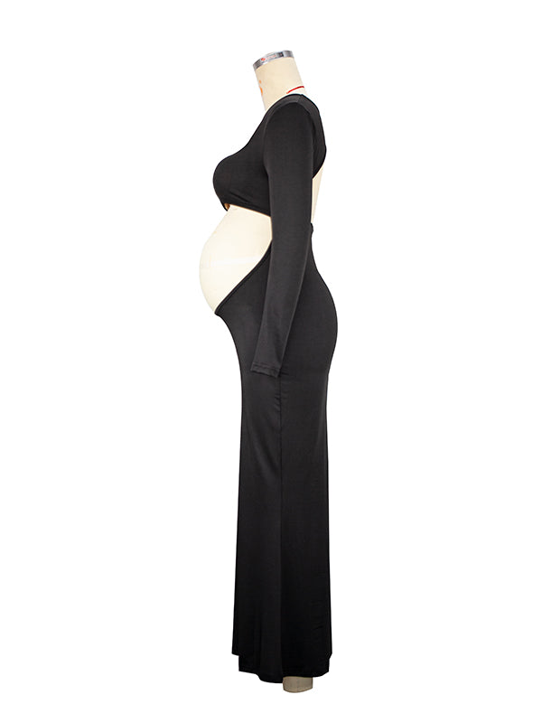Robe Maxi Maternité Sirène Découpée Manches Longues Moulante