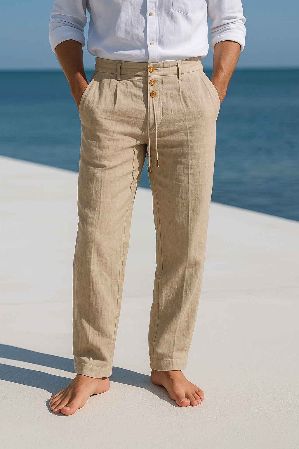 Pantalon lin homme jambe droite été léger respirant