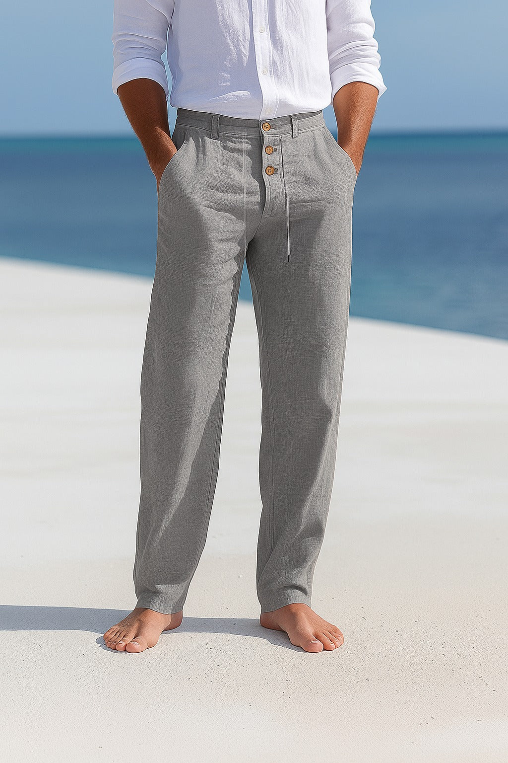 Pantalon lin homme jambe droite été léger respirant