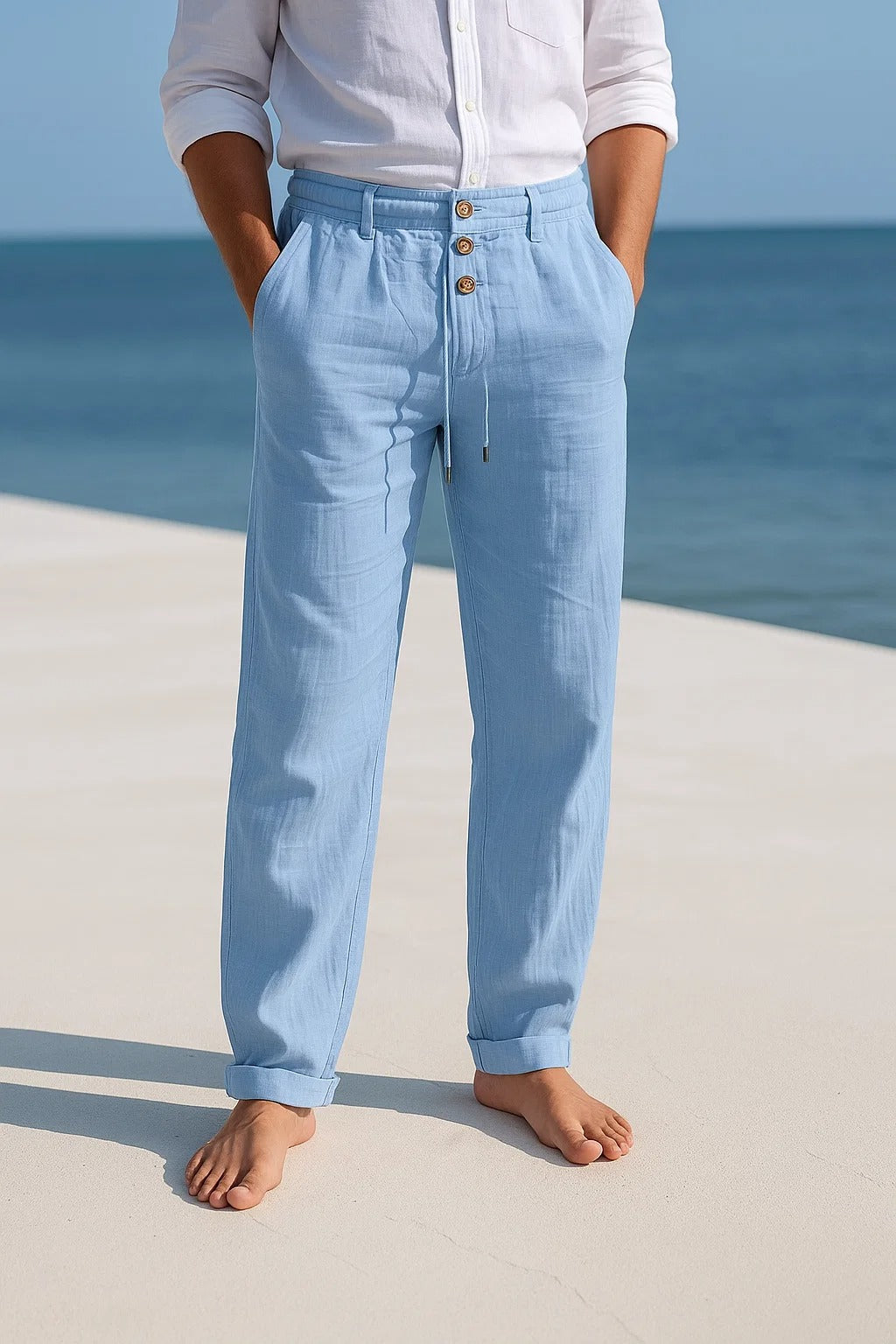 Pantalon lin homme jambe droite été léger respirant