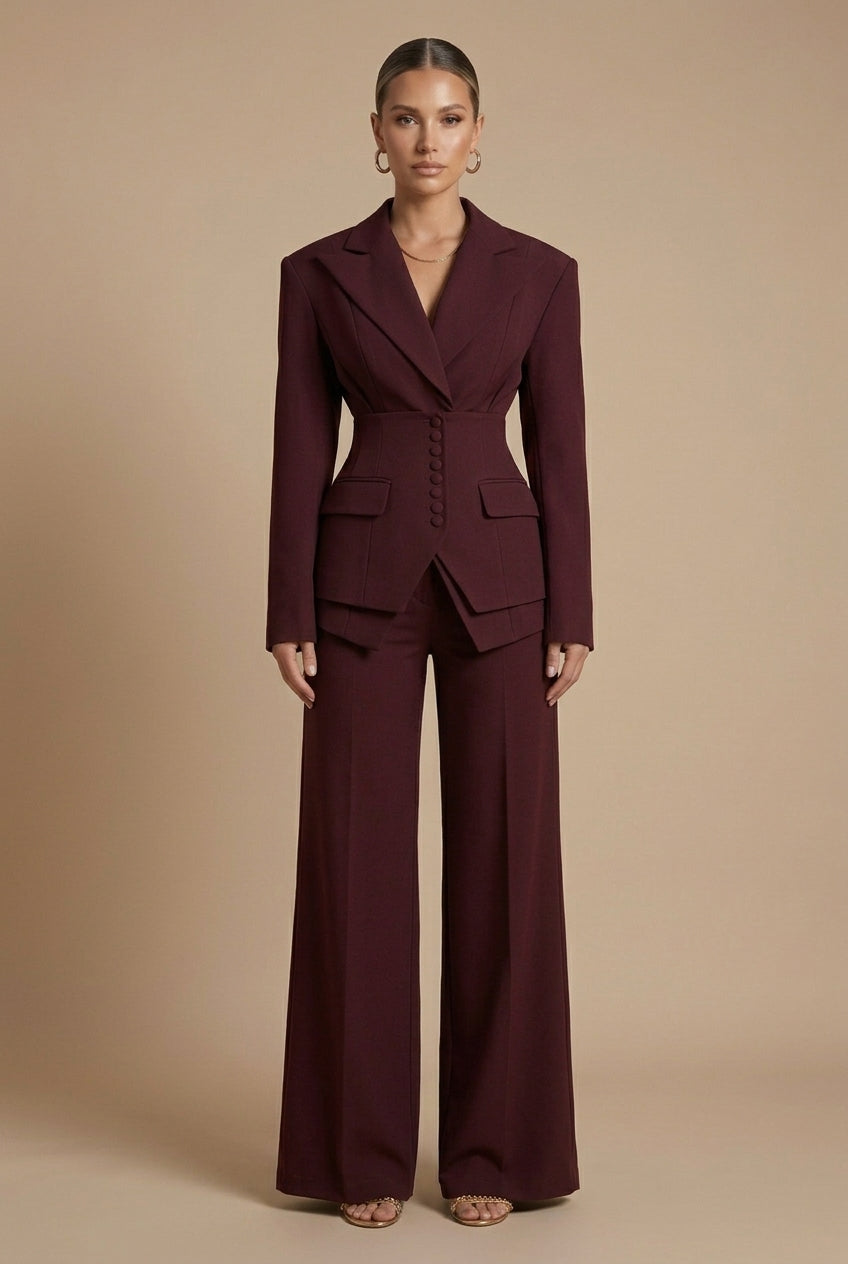 Tailleur femme deux pièces revers pointus pantalon jambe large