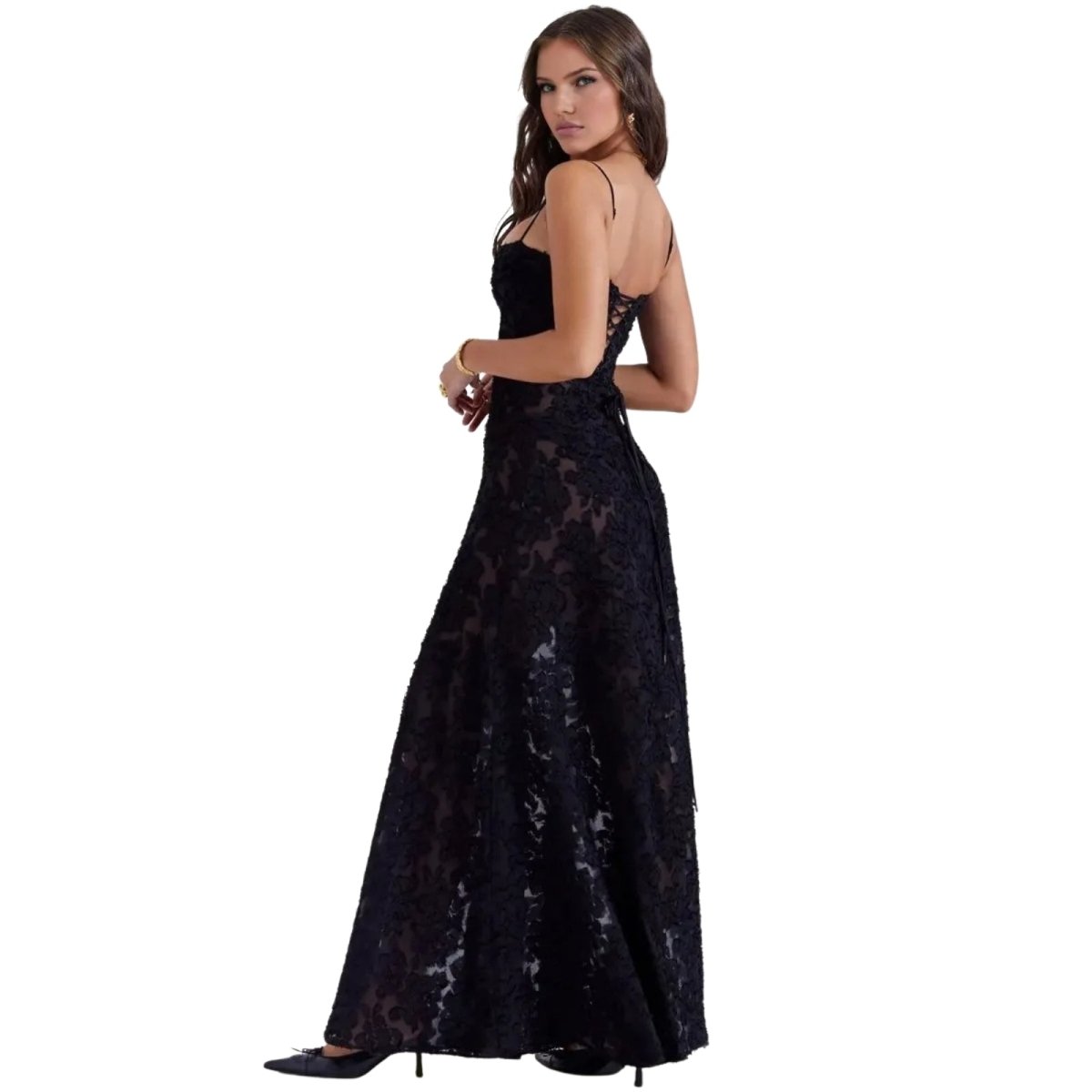 Robe Maxi Femme Corset Jacquard Floral Dos Lacets Soirée