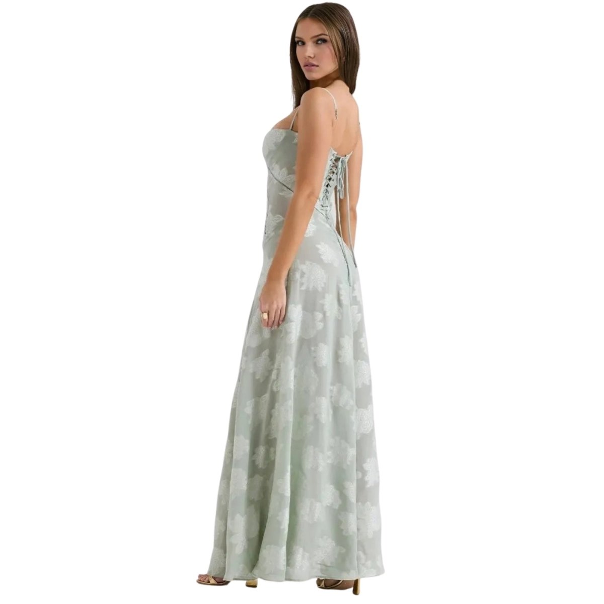 Robe Maxi Femme Corset Jacquard Floral Dos Lacets Soirée