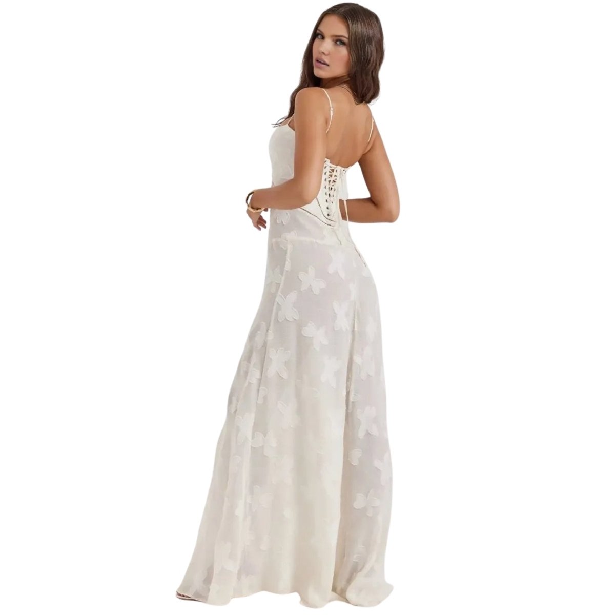 Robe Maxi Femme Corset Jacquard Floral Dos Lacets Soirée