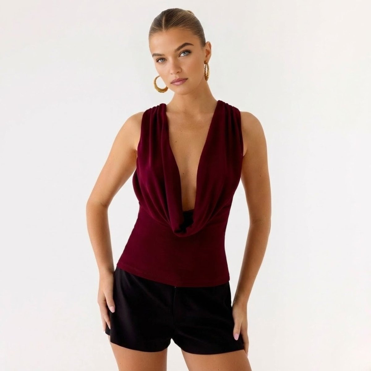 Top Femme Col Bénitier Dos Nu Jersey Drapé Sans Manches