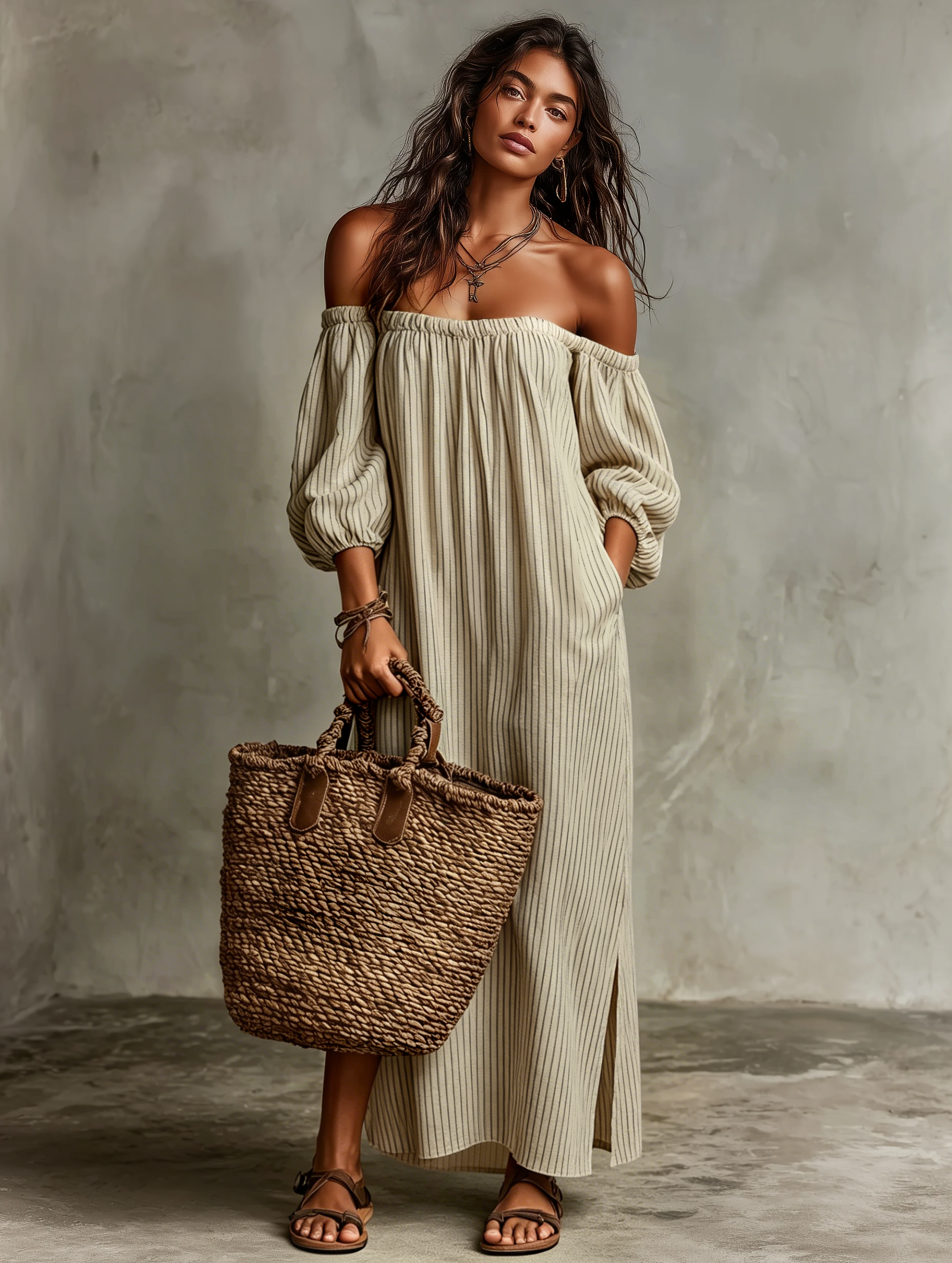 Robe maxi femme lin coton épaules dénudées manches longues
