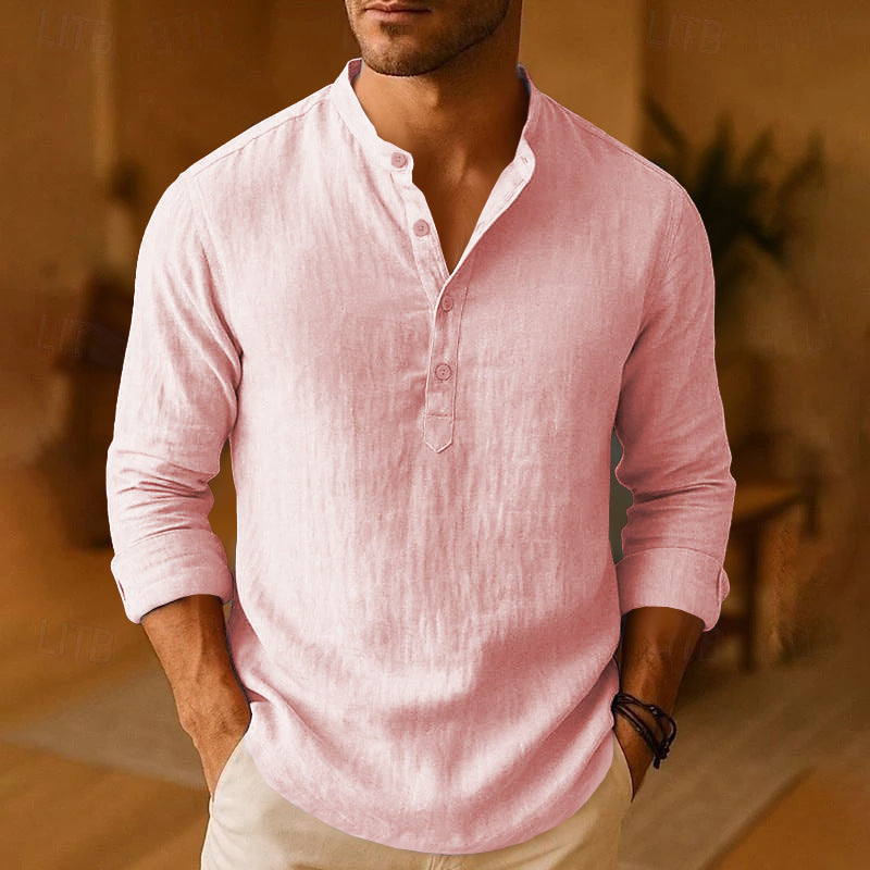 Chemise homme lin manches longues col henley été