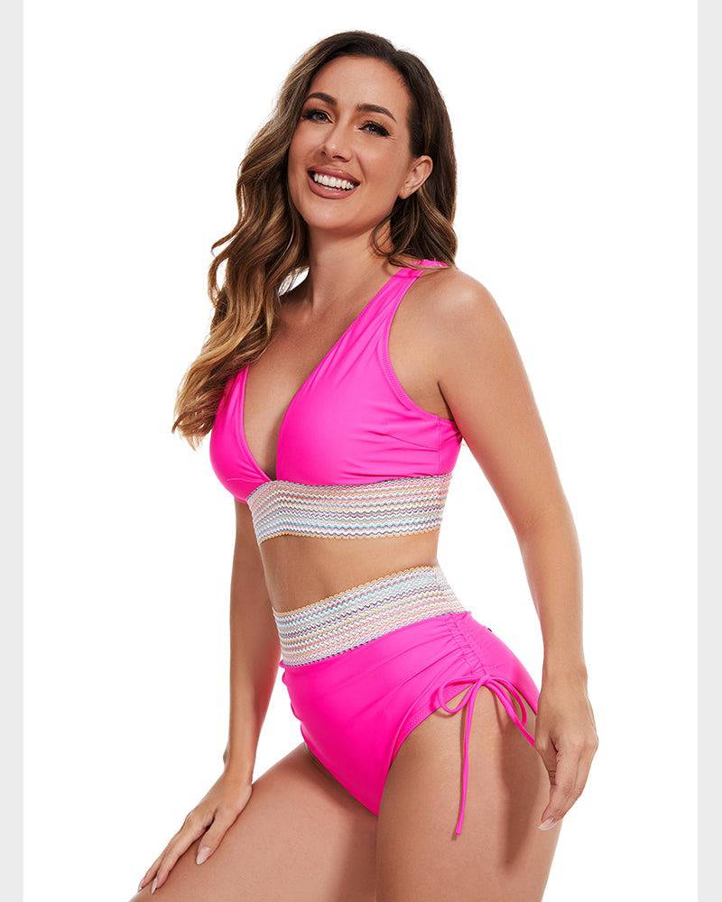 Bikini femme taille haute gainant colorblock réglable