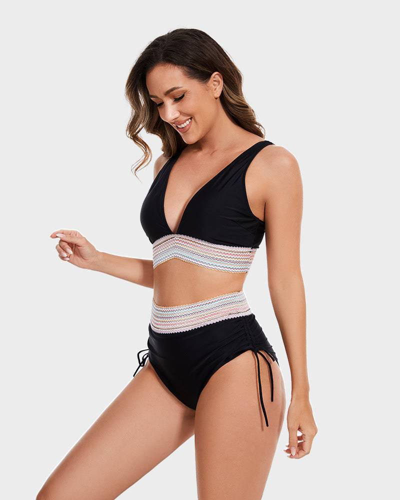 Bikini femme taille haute gainant colorblock réglable