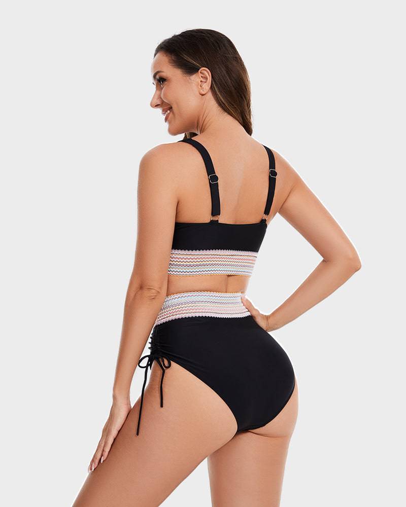 Bikini femme taille haute gainant colorblock réglable
