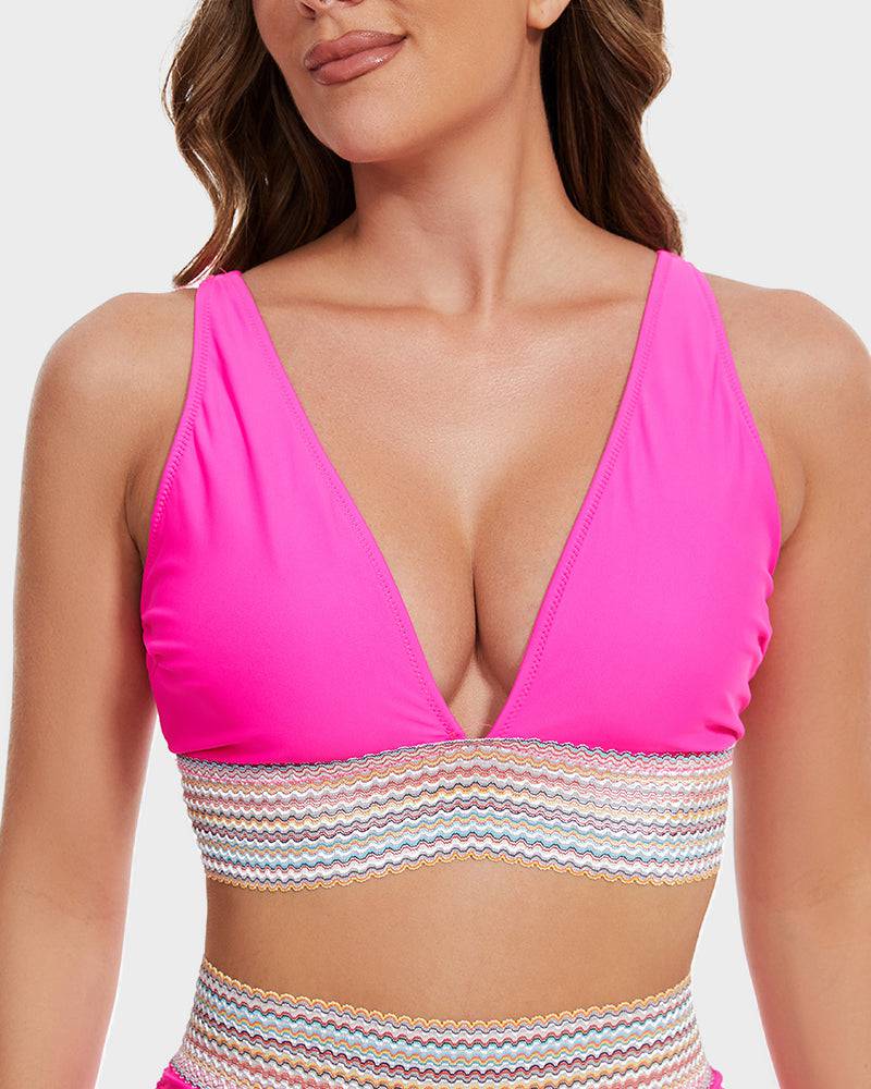 Bikini femme taille haute gainant colorblock réglable