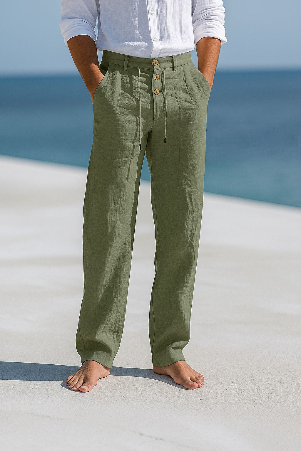 Pantalon lin homme jambe droite été léger respirant