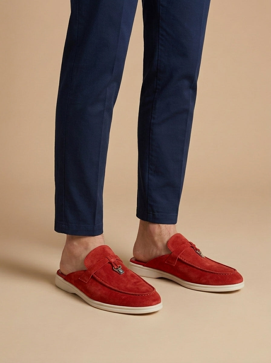 Mocassins mules homme en daim détail barre métal semelle plate