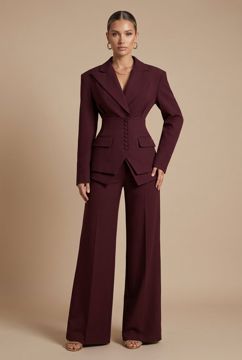 Tailleur femme deux pièces revers pointus pantalon jambe large