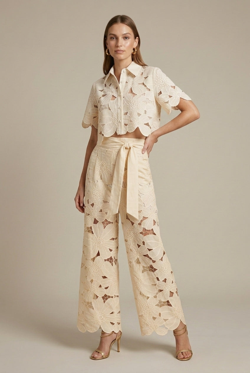 Ensemble femme dentelle deux pièces top cape pantalon large